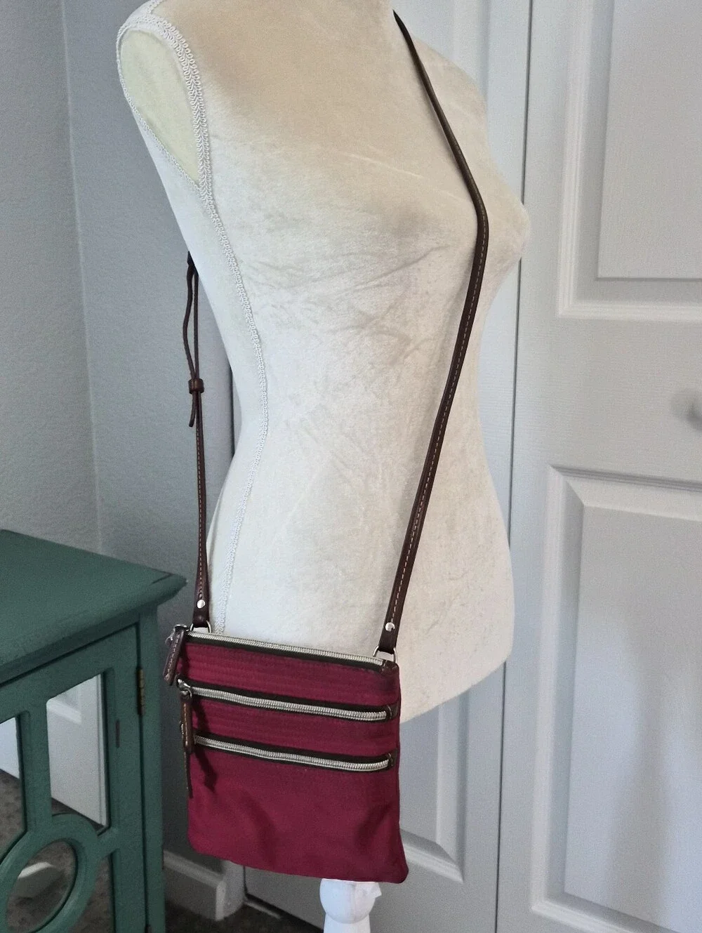 Dooney & Bourke North South Triple Zip Crossbody Bag Red Nylon Preppy Classic